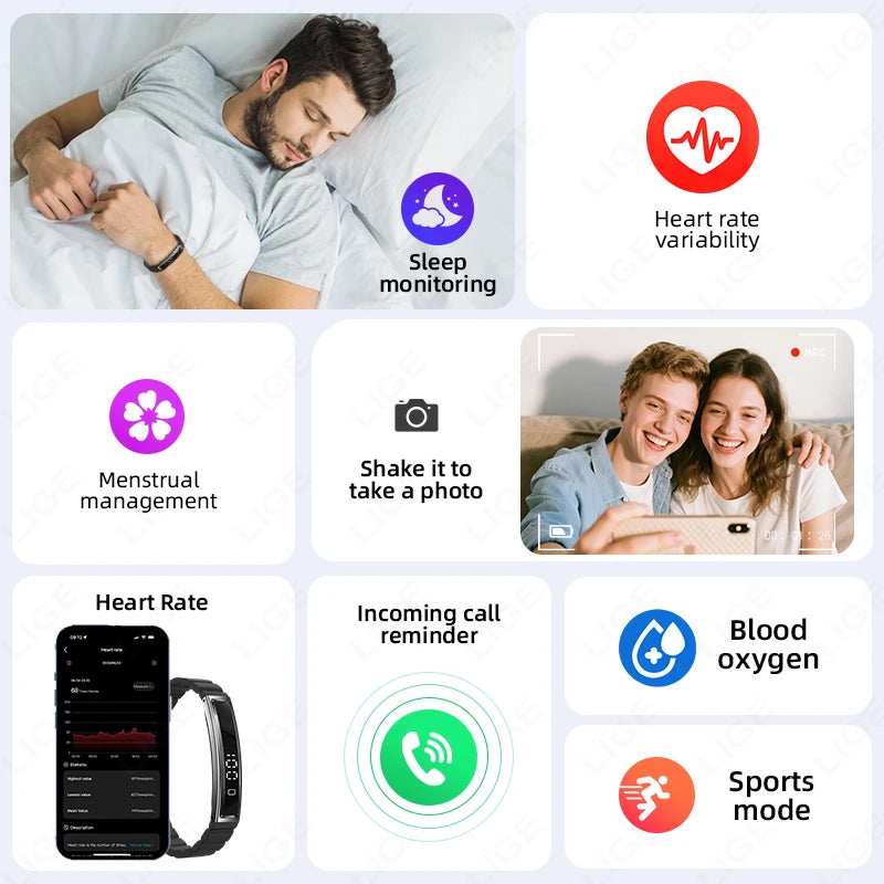 LIGE Fashion Smart Bracelet For Men Women Call Notification Heart Rate Sleep Monitoring Waterproof Sport Smart Band Health Watch